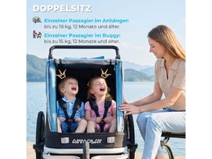 Remorque vélo enfant bleue 2 places, 2 en 1 pliable, siège réglable, harnais de sécurité