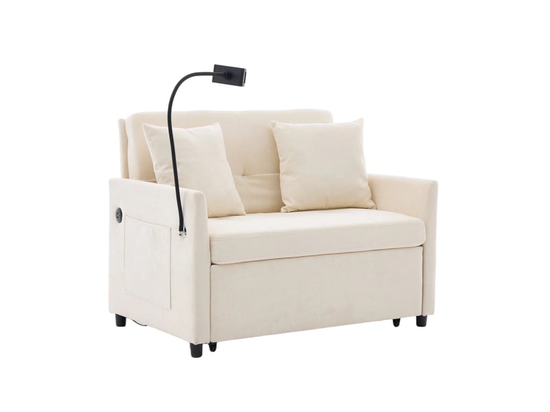  Fauteuil convertible 1 place avec port usb et support tablette  - structure métal bois, tissu effet lin beige  - Conforama A