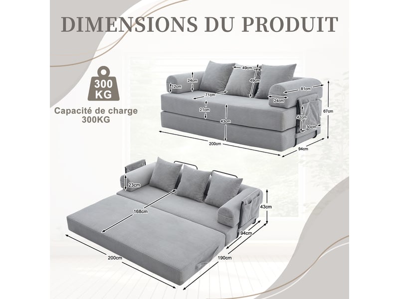  Canapé lit pliant 3 places modulable avec poche latérale et 3 coussins - velours côtelé, gris clair  - Conforama C
