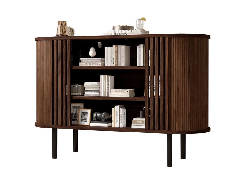 Buffet bas 120x40x80 cm avec 3 niches ouvertes et structure ajourée à lattes, meuble de rangement avec 4 pieds réglables en métal, mdf, coloris noyer Seren Glow - Conforama A