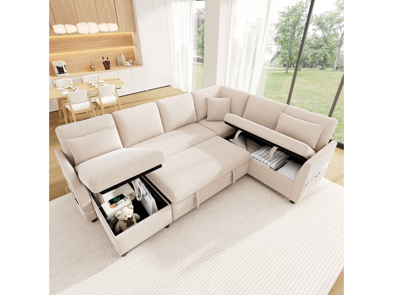  Canapé d'angle en l ou en u – 6 places – avec coffre de rangement – ​​avec ports usbtype-c – avec 3 coussins – beige  - Conforama B