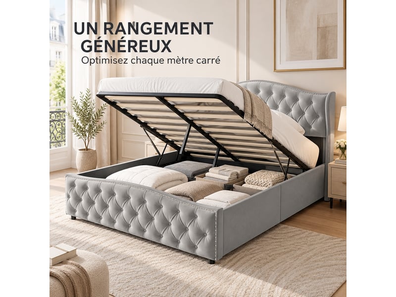  Yyxldynb lit coffre 140x190 cm avec rangememt, lit double rembourré avec sommier à lattes, cadre de lit 2 places avec tête de lit capitonnée, lit adulte, velours gris  - Conforama E