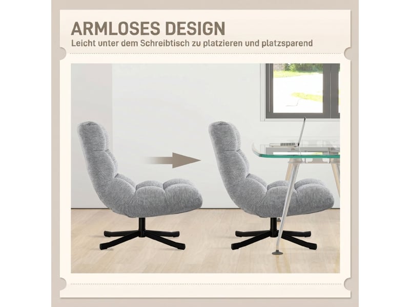 Fauteuil assise large revêtement aspect chenille déperlant pieds en acier croisés assise pivotante coloris gris  - Conforama D