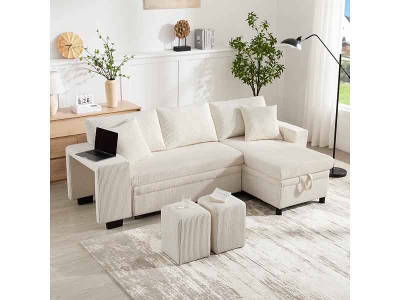  Canapé-lit d’angle convertible 3 places 231x131,5 cm avec coffre, ports usbusb-c, étagère latérale et 2 poufs - beige  - Conforama C