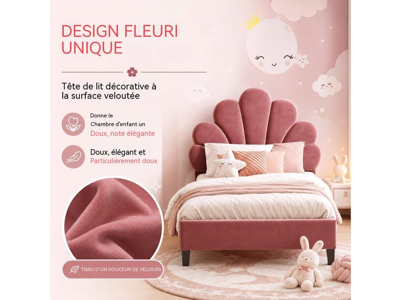  Lit enfant 90x200 cm cadre rembourré en velours, tête de lit design pétale, pieds métalliques dorés, structure stable charge 150kg  - Conforama D
