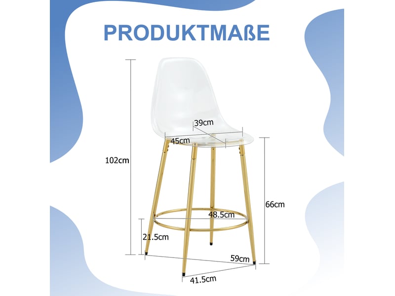  Lot de 2 tabourets de bar 66 cm avec dossier transparent et repose-pieds, meuble de cuisine, métal, or et transparent  - Conforama C
