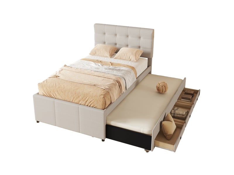 Lit simple 90x200cm, lit enfant avec trois tiroirs de rangement, lit extensible à roulettes, beige, tête de lit réglable en hauteur  - Conforama W