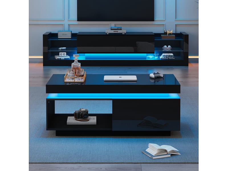  Meuble tv mural tcqpz avec table basse led 181 x 38 x 38 cm noir panneaux de particules finition brillante  - Conforama B