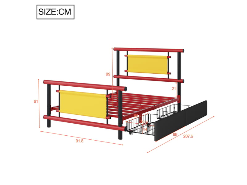  Modenvie lit enfant avec tiroirs 90x200 cm - structure metallique robuste, sans matelas - rouge  - Conforama C