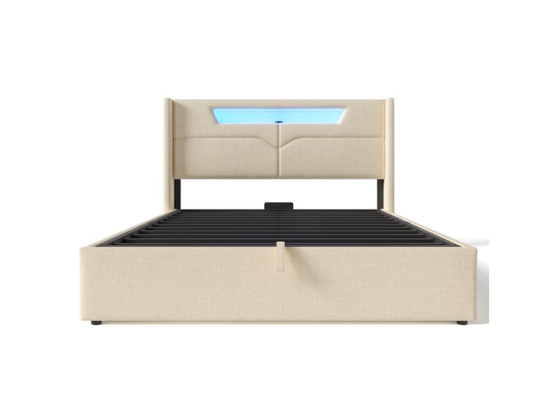  Lit double led avec rangement, usb-c, lin beige, 160x200 cm avec matelas  - Conforama A