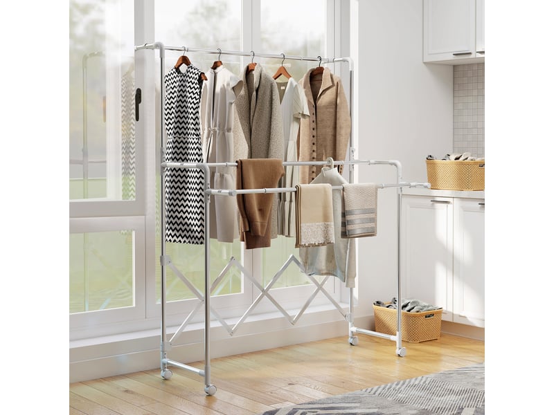 Séchoir à linge pliable étendoir linge intérieur à 3 barres réglables et 4 roulettes 104-150 x 103 x 145-197 cm argent - Conforama C