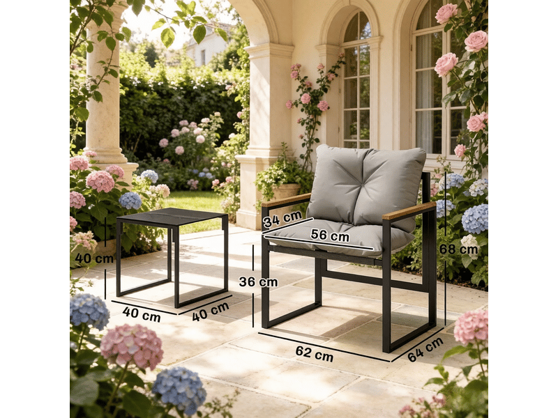 Ensemble table et chaise de jardin avec 2 fauteuils, 1 table et 2 coussins, métal et textilène noir et gris - Conforama D