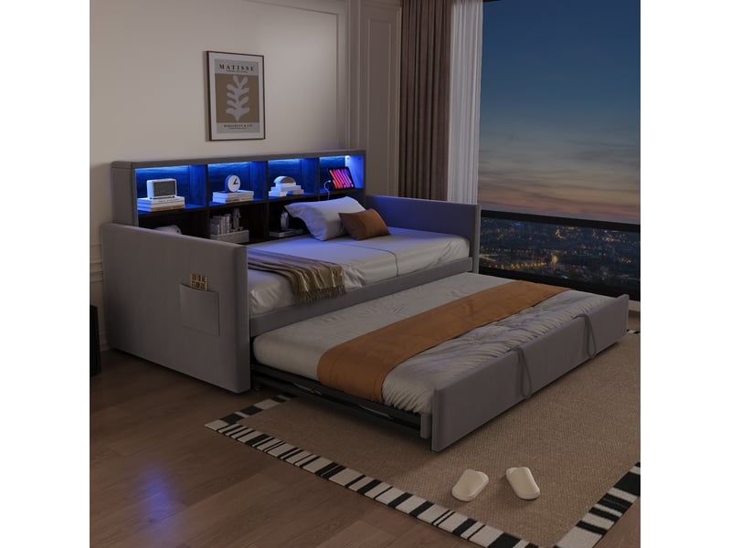  Lit simple 90x190 cm avec lit d'appoint coulissant, en velours gris clair  - Conforama C