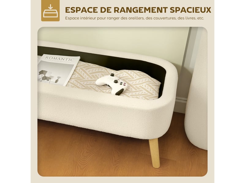  Banc de rangement beige avec couvercle et pieds en bois capacité 65 l charge maximale 220 kg dimensions 120 x 42 x 45 cm  - Conforama E