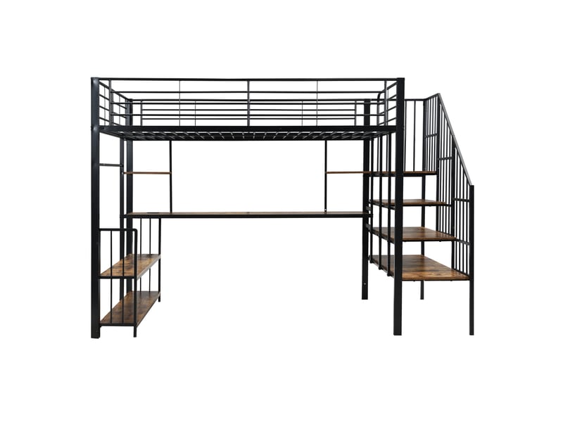 Lit mezzanine 120x200 cm escalier latéral main-courante prise intégrée métal et bois noir et noyer foncé sans matelas - Conforama A