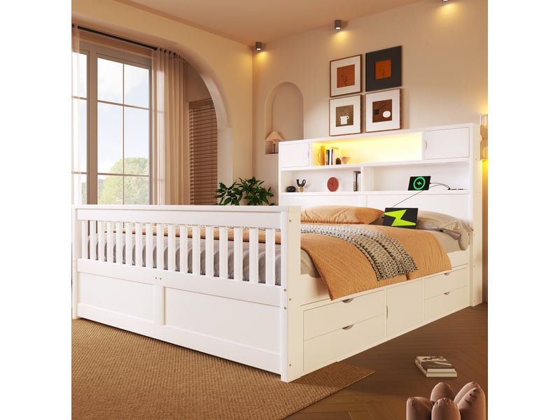  Lit avec rangement 160x200 cm blanc avec led, usb, rangements et 4 tiroirs  - Conforama E