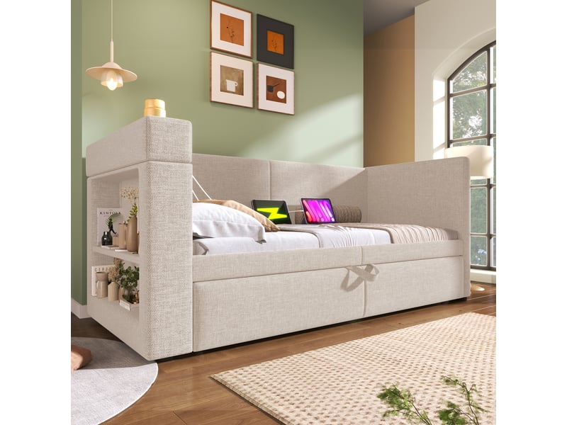 Lit banquette 90x200 cm, canapé-lit avec lit gigogne extensible, accoudoirs avec ports usb & type-c pour chambre d'amis, tissu lin beige - Conforama D