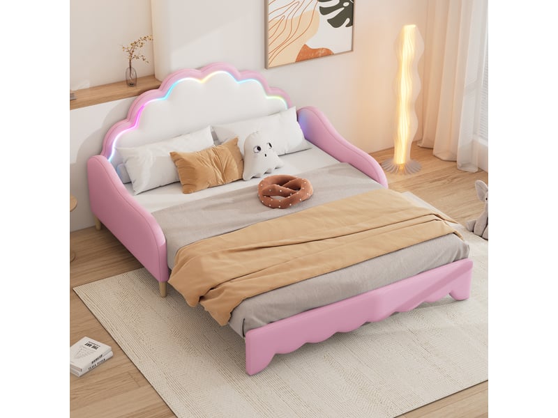  Lit gigogne 140x200 cm 2 en 1 avec led, mdf et pu, rose, sans matelas  - Conforama B