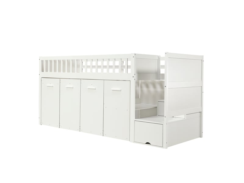 Lit superposé 90x200 cm bois massif blanc – bureau intégré, rangements et escalier à tiroirs - Conforama A