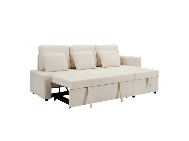  Canapé-lit 3 places tcqpz avec chaise longue 201,3 x 126,1 x 86,1 cm rangement tissu chenille beige clair  - Conforama A