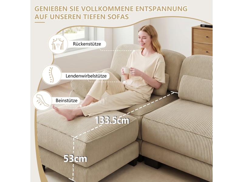 Canapé modulable en u 4 places 336x161x94 cm, 2 poufs, assise profonde, soutien ergonomique, velours côtelé beige - Conforama D