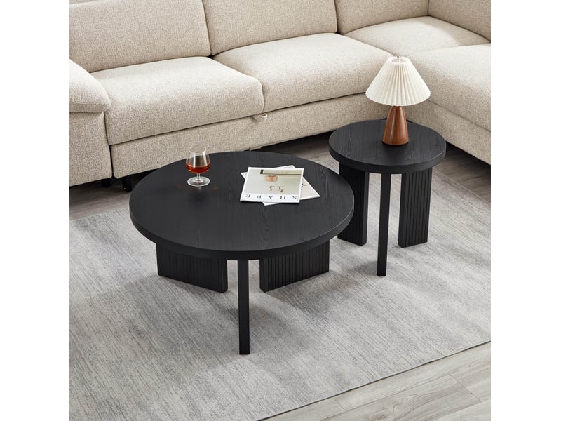 Tables basses rondes fixes avec piètement rainuré, lot de 2 en mdf noir, style moderne pour le salon et le bureau - Conforama B