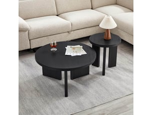 Tables basses rondes fixes avec piètement rainuré, lot de 2 en mdf noir, style moderne pour le salon et le bureau
