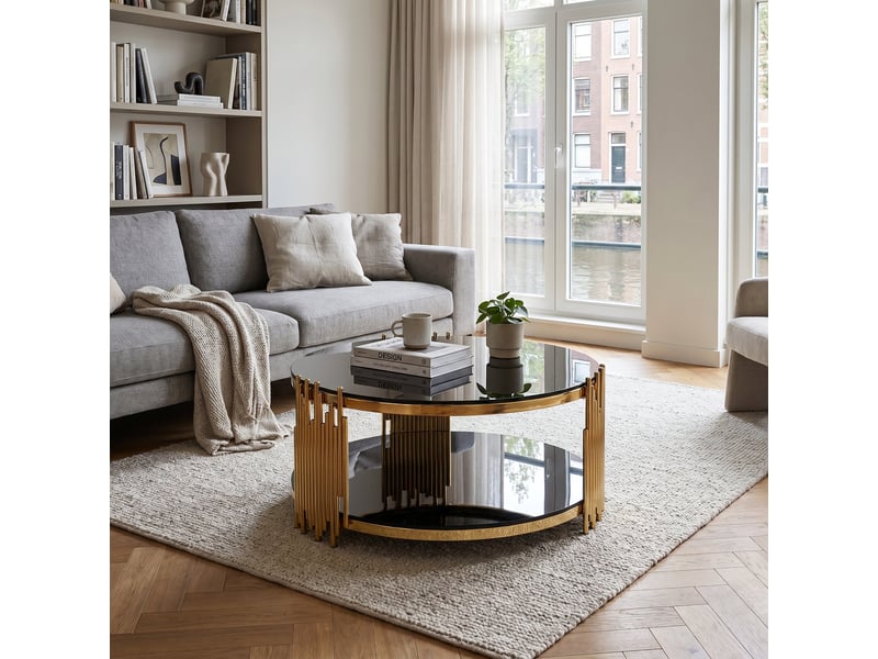 Table basse ronde en verre trempé noir 2 plateaux, base en acier doré  - Conforama C
