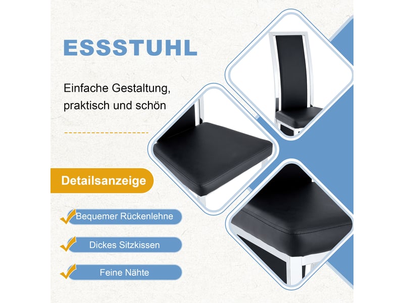  Lot de 4 chaises de salle à manger en cuir pu noir avec cadre métallique argenté, dossier haut 109 cm  - Conforama W