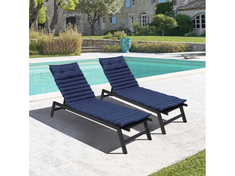Coussins pour chaise longue d'extérieur 193x60 cm – bleu marine – lot de 2 avec sangles de fixation - Conforama B