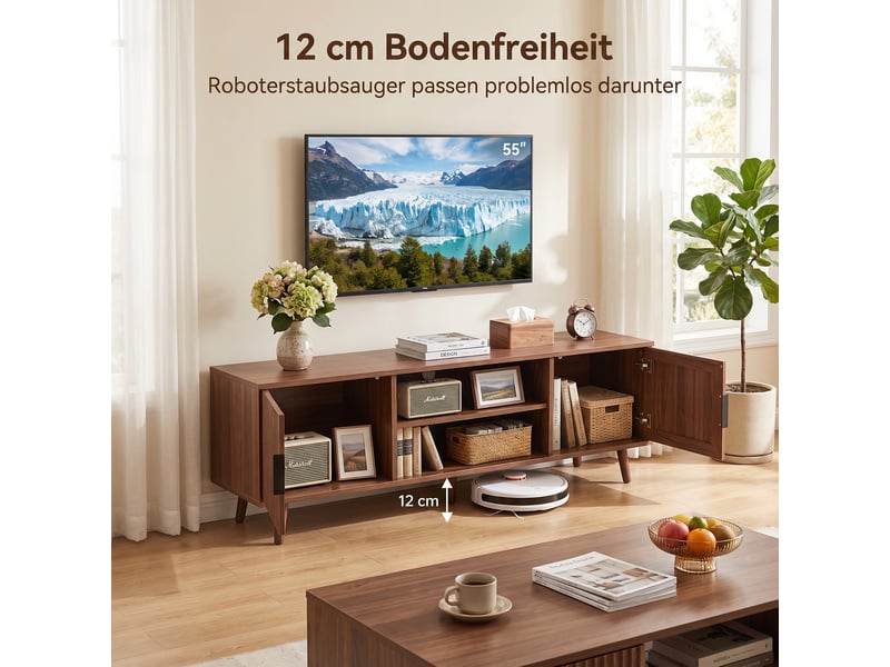  Meuble tv 138x39 cm,2 portes rainurées,niche ouverte,2 passe-câbles,5 pieds en bois,style rétro,panneaux de bois,effet noyer  - Conforama C