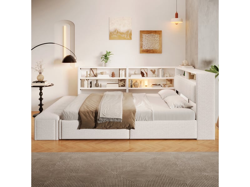 Canapé-lit coffre 140 x 200 cm - avec prise électrique - avec port usb - avec lumière led - tissu velours - blanc (matelas non inclus) - Conforama B