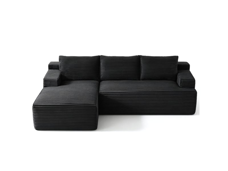  Canapé d’angle 4 places noir en velours côtelé, style nuage avec méridienne droite, modulable et convertible  - Conforama A