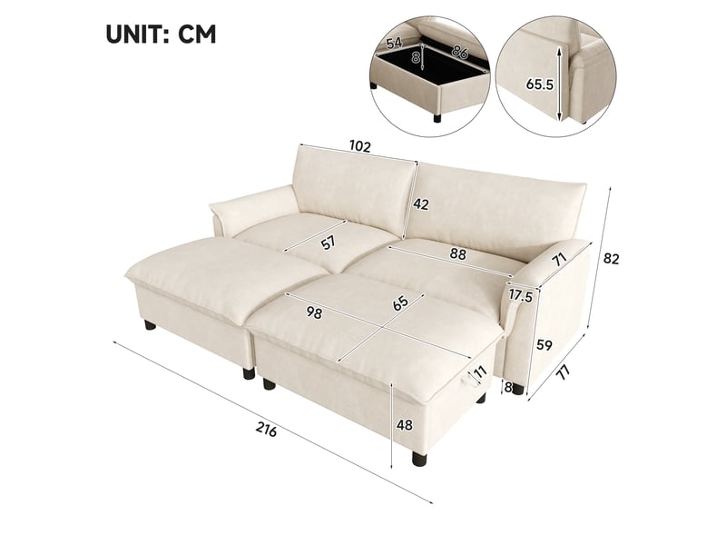  Canapé d'angle modulable, canapé en tissu chenille beige avec 2 poufs de rangement, assise profonde &amp; lit d'appoint pour salon (216x77x82 cm)  - Conforama C