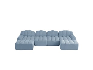 Canapé panoramique coquille 4 places, 2 poufs bleu – 366 x 165 x 79 cm