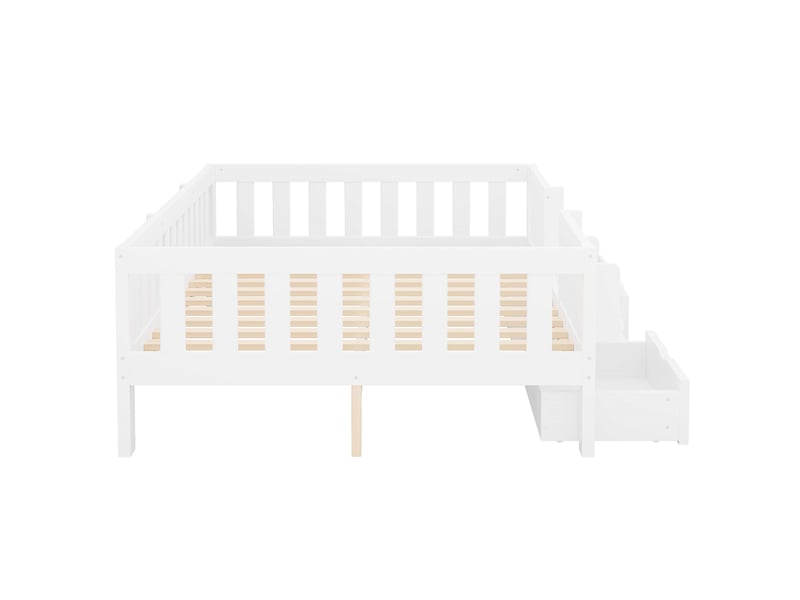  Lit enfant 140x200 cm avec 2 tiroirs, garde-corps, bibliothèque et escalier à 2 marches blanc Fay Lum - Conforama E