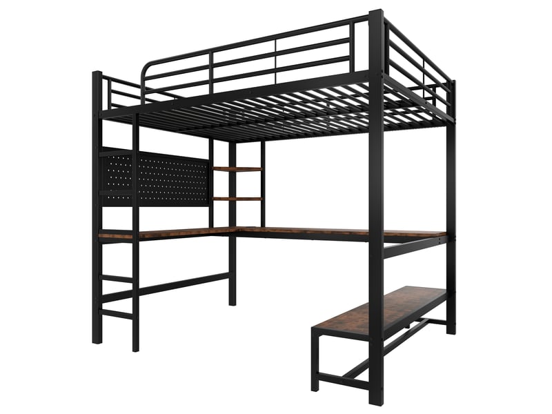  Lit mezzanine avec bureau, led, usb type-c et rangements, métal noir, 140x200 cm, sans matelas  - Conforama D