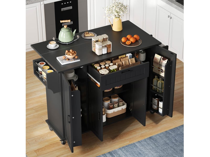  Desserte de cuisine noire 120x70x95 cm avec plateau rabattable, 4 portes  - Conforama E