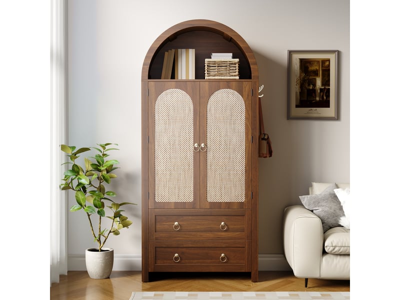  Armoire 80x40x180cm, tablettes ajustables, 2 tiroirs, portes en cannage de rotin, niche cintrée, crochets latéraux  - Conforama C