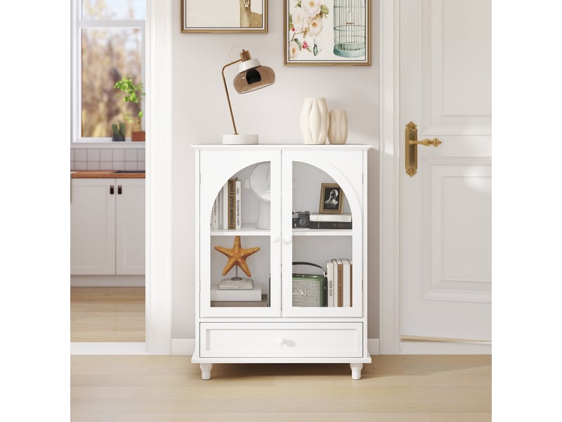  Buffet de cuisine - 71x38x93,5 cm - meuble de rangement style maison de campagne avec portes vitrées cintrées et tiroir - blanc  - Conforama B