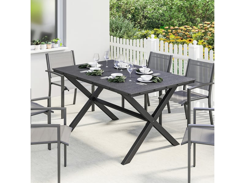  Table de jardin pour 6 personnes avec plateau à lattes en pehd et structure en métal, 150 x 90 x 74 cm, noire  - Conforama C