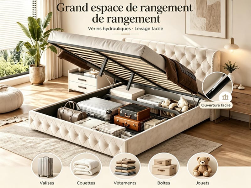  Lit coffre 160x200 cm ezssw, coloris beige  - Conforama D