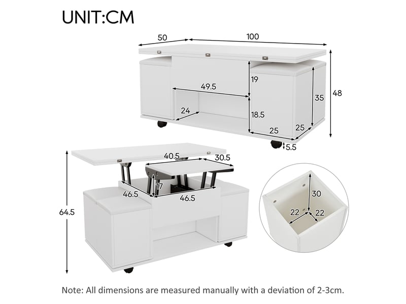 Table basse relevable 3-en-1 avec 4 tabourets, rangement et roulettes, blanc, 100 cm IKSETERA TRADING LTD - Conforama C