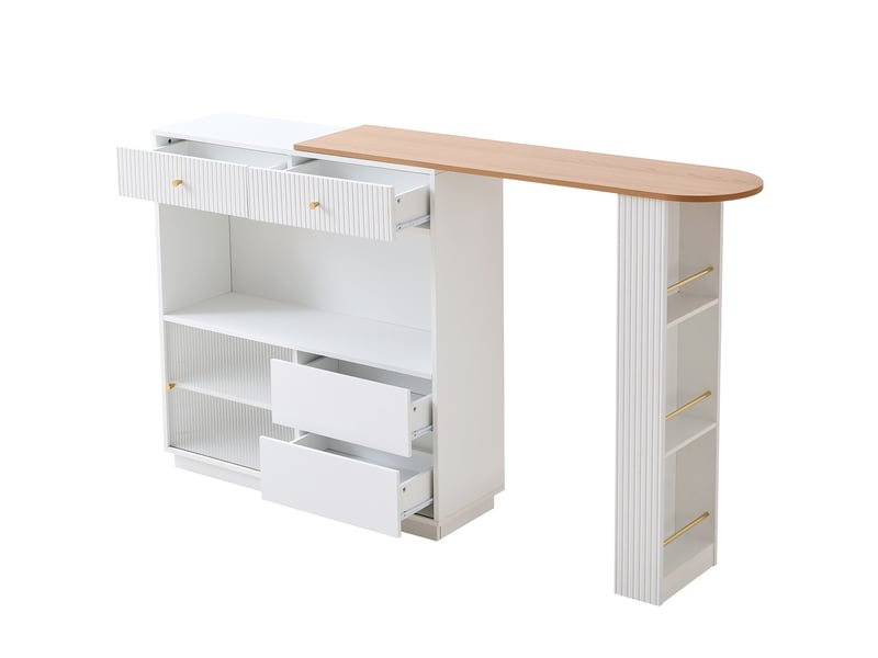  Îlot cuisine bar extensible183x30x100 cm, pivotant 360°, led, rangements, panneaux de particules et acrylique, blanc  - Conforama A