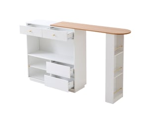 Îlot cuisine bar extensible183x30x100 cm, pivotant 360°, led, rangements, panneaux de particules et acrylique, blanc