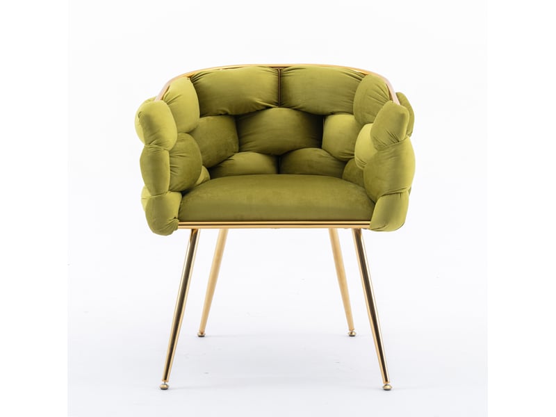  Fauteuil de salon en velours rembourré avec accoudoirs, dossier mi-haut et pieds métalliques dorés olive  - Conforama A