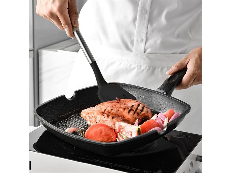 Set de 12 ustensiles de cuisine en silicone et acier inoxydable noir avec rangement chicfurn - Conforama E