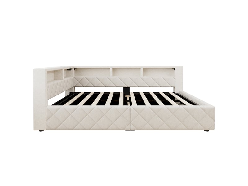  Lit banquette coffre 140 × 200 cm en lin beige, rangement hydraulique, led, usb et niche ouverte Fay Lum - Conforama D