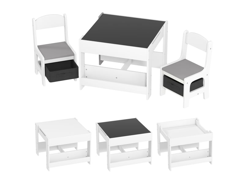  Ensemble 3 pièces table et 2 chaises pour enfant avec plateau réversible tableau noir, étagères, panier de rangement  - Conforama B