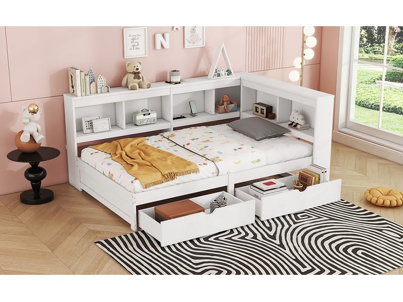 Lit banquette 90 × 200 cm, 6 niches, 2 tiroirs, 2 prises et 2 ports usb, structure en panneaux, sommier à lattes, blanc  - Conforama B